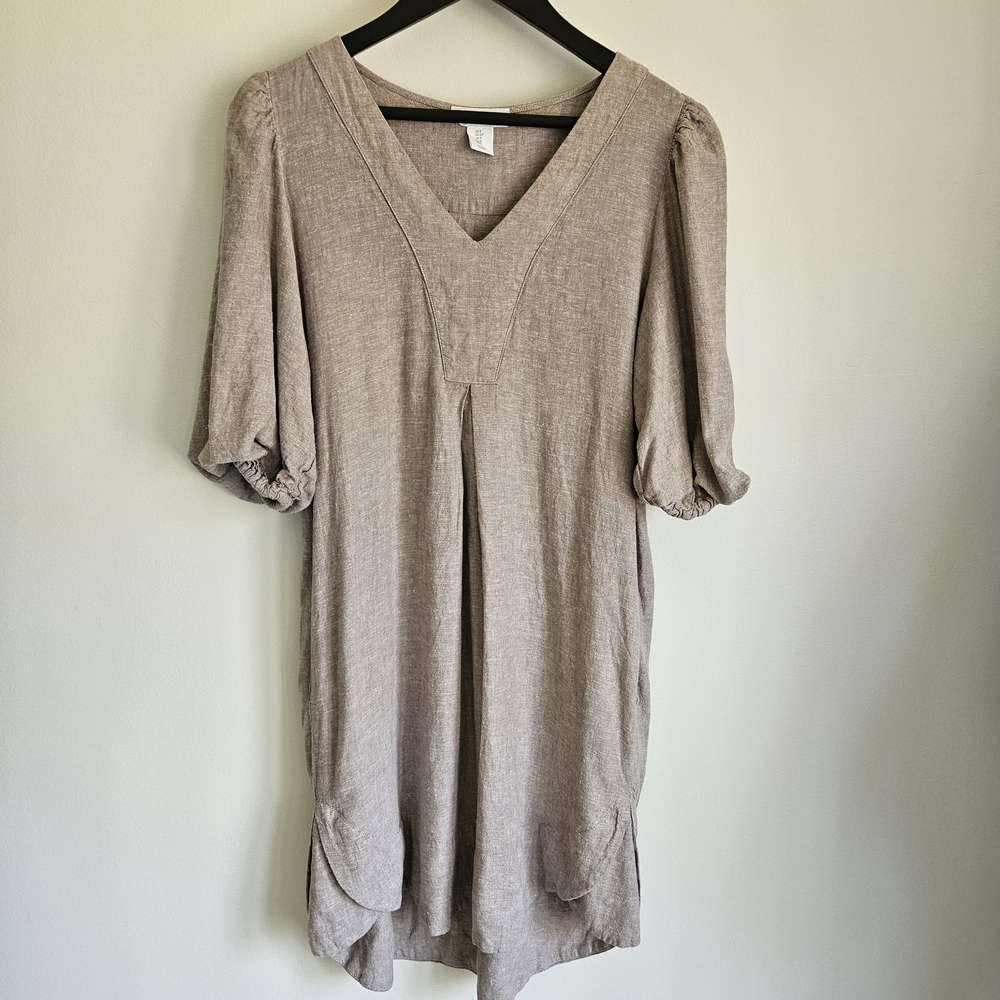 Cynthia Rowley Linen Blend Lagenlook V-Neck Puff Sleeve Loose Dress Taupe, S